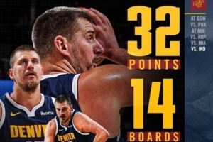  32+14+14！掘金发布约基奇数据海报：这些都是32分钟里做到的😮