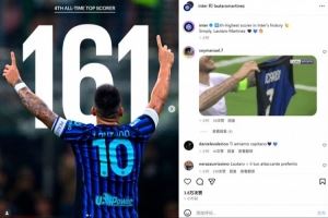  161球并列队史射手榜第4！劳塔罗社媒转发数据并晒庆祝照纪念